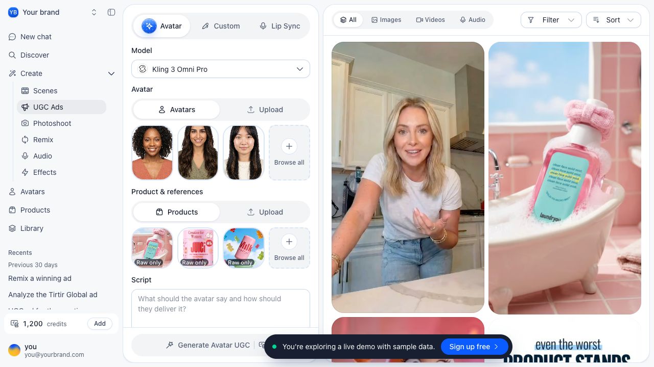 roasOS UGC workspace with avatar, product, script and video settings