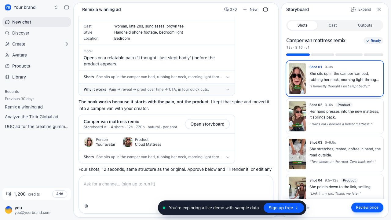 roasOS public Creative Agent demo showing a sample creative conversation